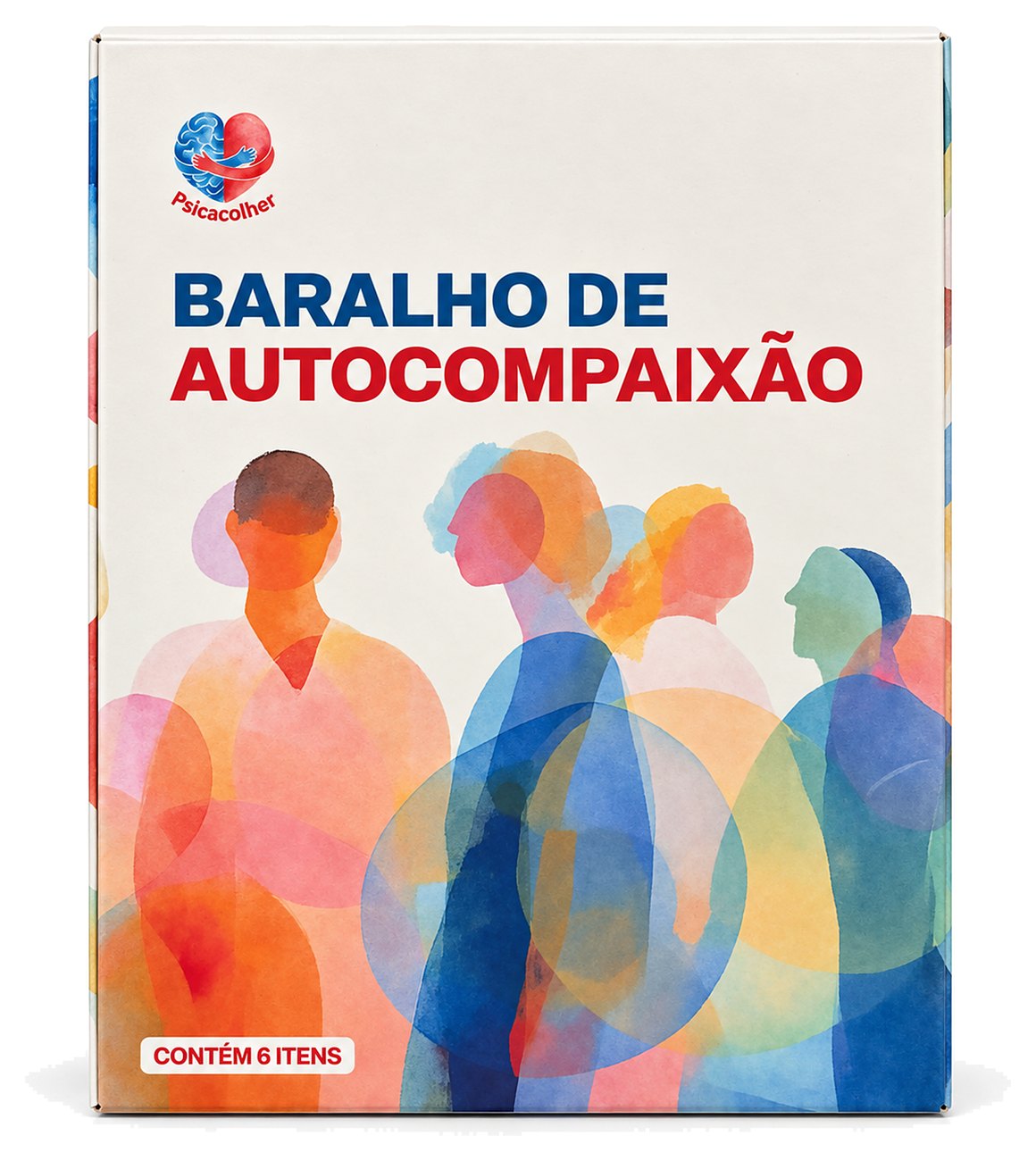 Caixa do Baralho de Autocompaixão, com ilustração em aquarela de figuras humanas sobrepostas