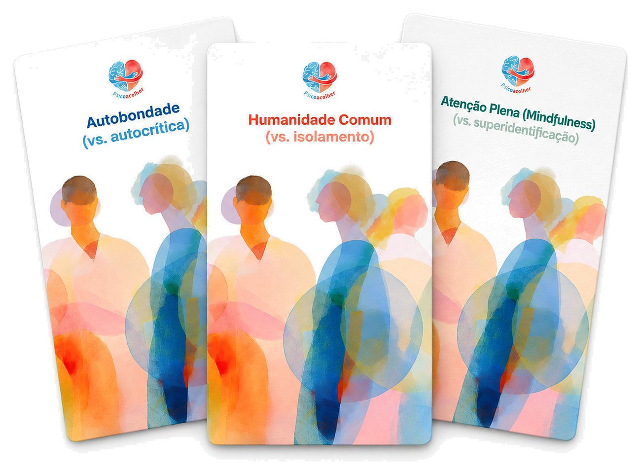 Três cartas de abertura do baralho, uma para cada eixo: Autobondade, Humanidade Comum e Atenção Plena